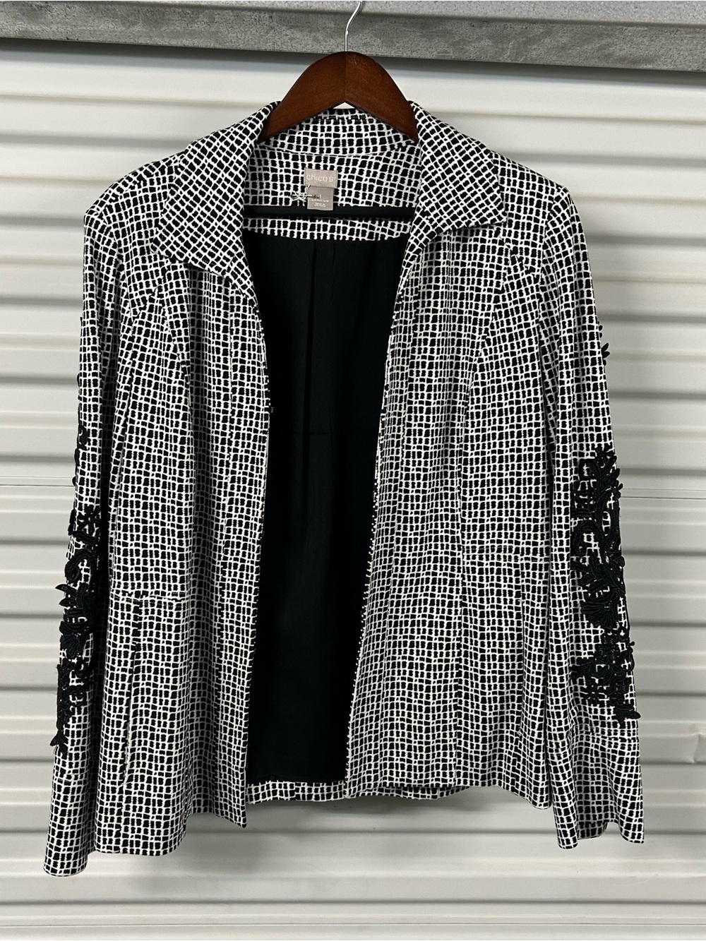 Chico's Black & White Grid Open-Front Blazer with Sleeve Embroidery